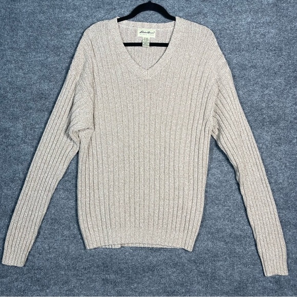 Eddie Bauer Men’s Tall Large Knit V Neck Vintage Sweater Heathered Tan Grandpa - Picture 1 of 10